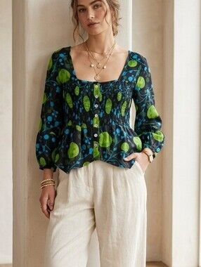 Nid d’abeilles Smocked Cotton Blouse Top Indie Psychedelic Print Size 4